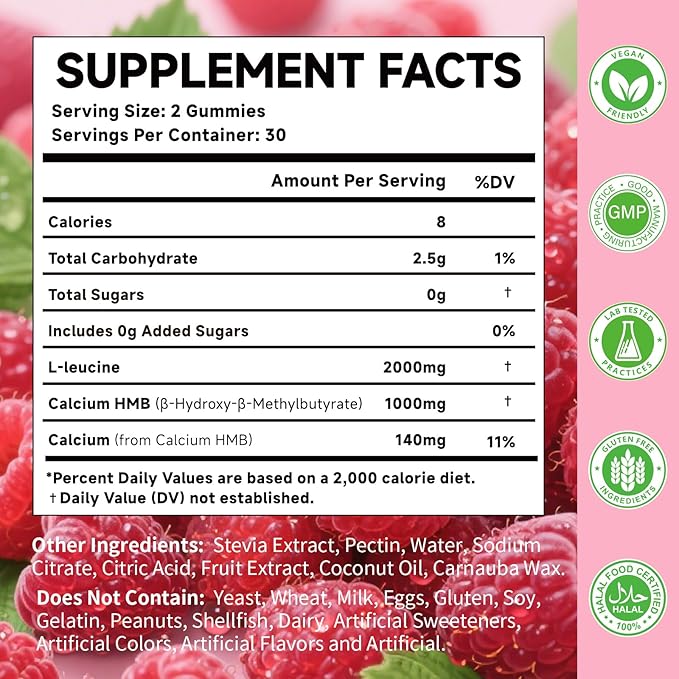HMB & L-Leucine Gummies with Calcium, Amino Acid Supplement, L Leucine Supplements for Men & Women, Raspberry Flavor, 60 Count