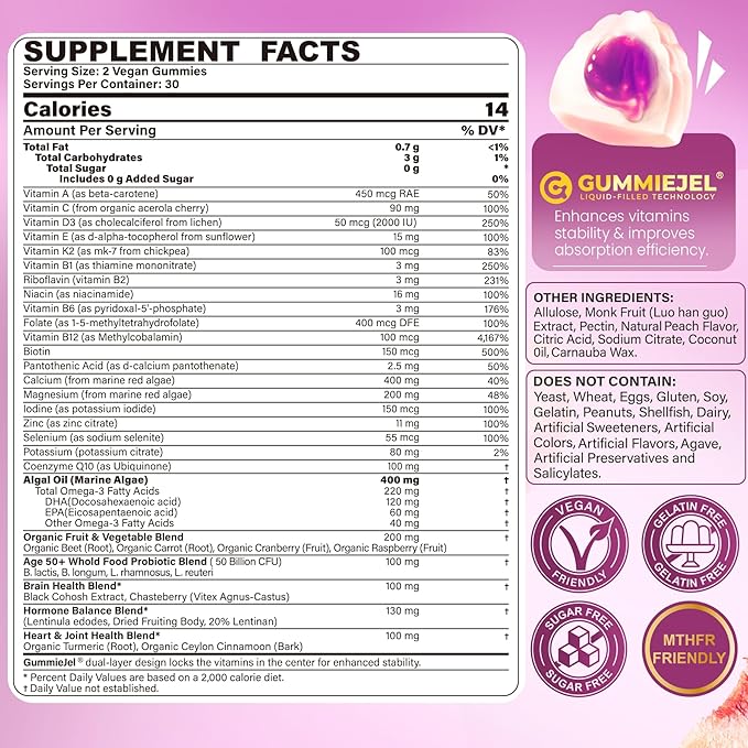 Multivitamin for Women 50 Plus Gummies, Vegan Omega 3, Methylfolate, Calcium, D3 K2, CoQ10, Daily Vitamin A C E, Methylated B12, Biotin, B Complex, Zinc - Bone, Energy, Longevity - Sugar Free, 60Count