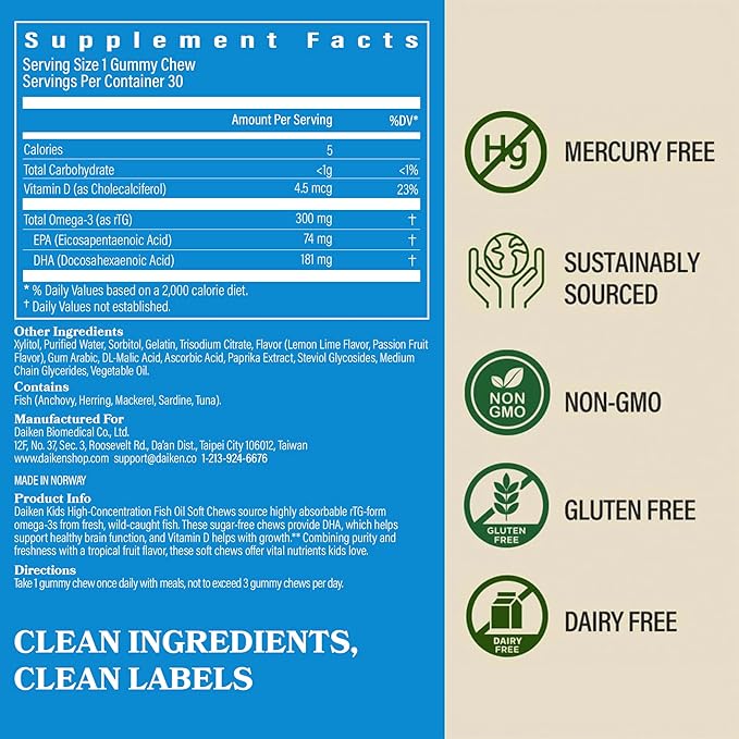 DAIKEN High Concentration Kids Fish Oil Omega-3 Gummies, No Sugar Added, Individually Wrapped, 300 mg Omega-3 (DHA & EPA) with Vitamin D3 for Kid, 30 Count, Tropical Fruit Flavor, Norwegian Sourced