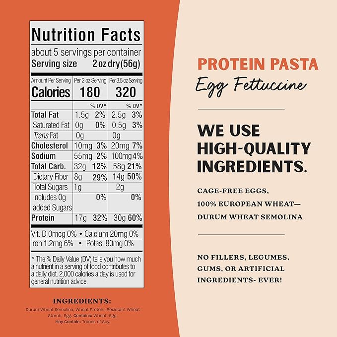 Al Dente Protein Pasta Egg & Roasted Garlic Fettuccine - 30g High Protein in 3.5oz Serving, Lower Carb. Cage-Free Eggs & Semolina. (Previously Carba-Nada, Packaging May Vary) - 10oz Bags (Pack of 6)