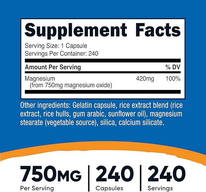 Nutricost Magnesium Oxide 750mg, 240 Capsules - 420mg of Magnesium, Non-GMO, Gluten Free