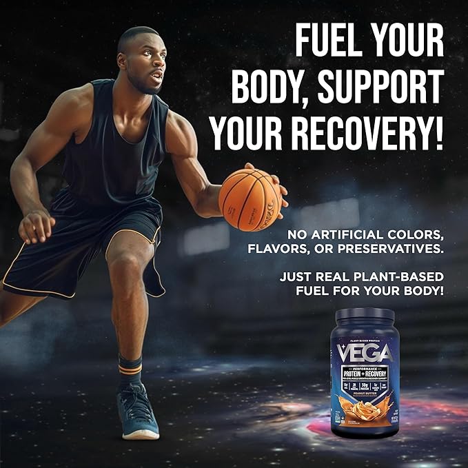 Vega Sport Vegan Protein Powder + Recovery - 30g Plant Based Protein per Serving, Peanut Butter, 19 Servings, 5g BCAAs, Probiotics, NSF Certified, for Shakes & Smoothies, 1.8lbs (Packaging May Vary)