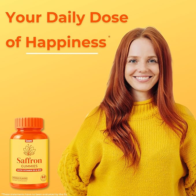 Loom Saffron Gummies with Vitamin D3 & B12 – Natural Mood & Energy Support for Emotional Balance and Stress Relief – Tropical Mango, 60 Count (60 Count, Mango)