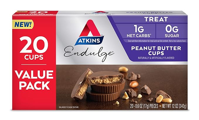 Atkins Caramel Almond Clusters, Gluten Free, High in Fiber, 1g Sugar, 2g Net Carb, Keto Friendly, 20 Count & Endulge Peanut Butter Cups, Dessert Favorite, Low Carb, 0g Sugar, 20 Count
