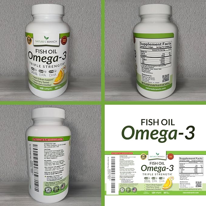 Triple Strength Omega 3 Fish Oil Supplements 2400mg | 120 Capsules, Burpless High Potency Lemon Flavor, High EPA DHA for Men & Women Ultra Pure Softgels | Joint Support, Eyes, Heart Brain Health Pills