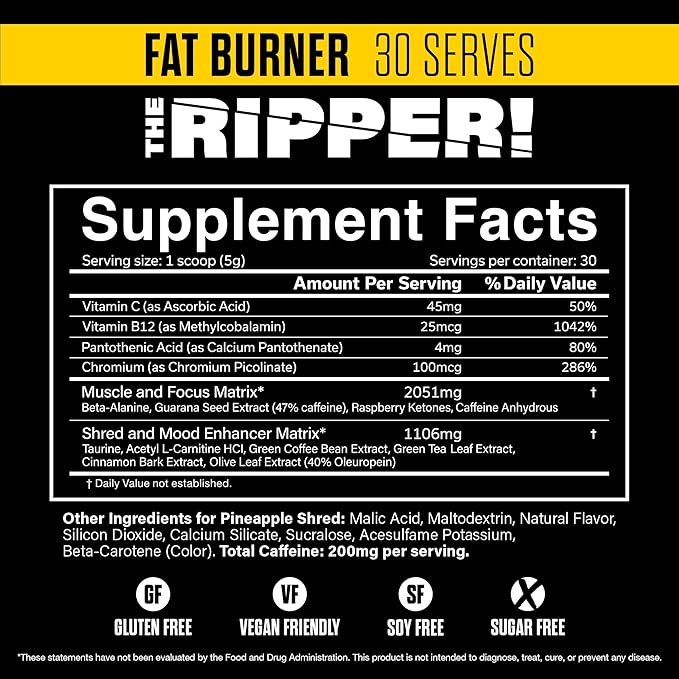 JNX SPORTS The Ripper! Fat Burner Pre Workout for Men & Women – Thermogenic Fat Burning Powder & Appetite Suppressant, Boost Energy & Endurance – Pineapple Shred, 30 Servings