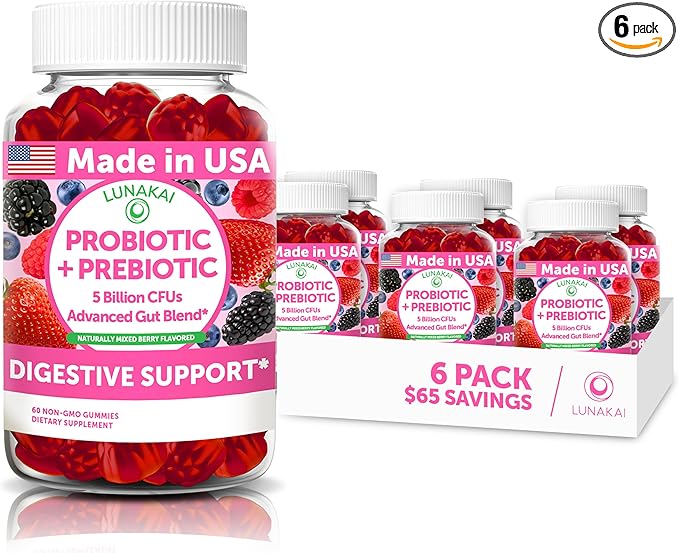 Lunakai USA Made Prebiotic + Probiotic Gummies for Women and Men - High Potency 5 Billion CFUs with Fibers - Non-GMO Gut Health Support - 6 Pack