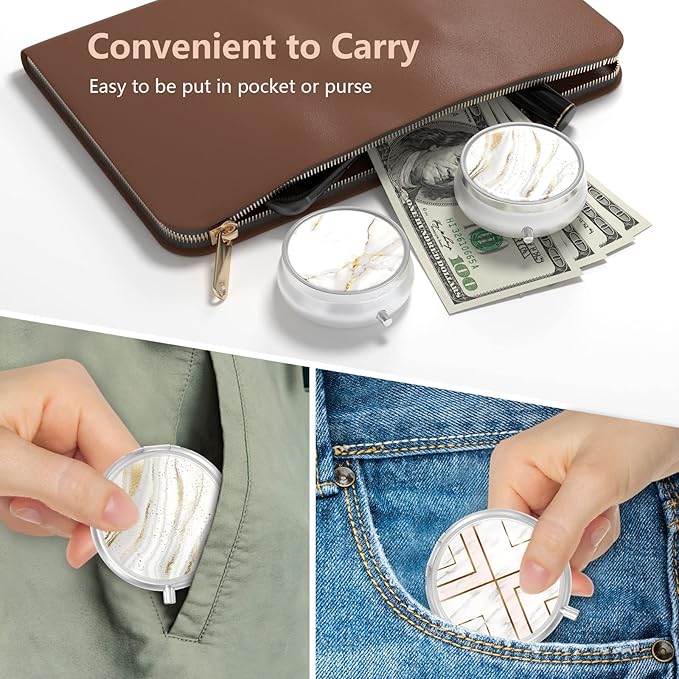 3 Pack Pill Box, Small Pill Case for Purse & Pocket, Cute Travel Medicine Organizer, Portable Medicine Container Holder to Hold Vitamins, Medication, Fish Oil & Supplement, White Marble