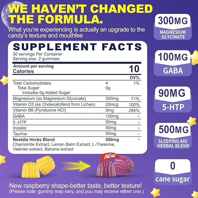 Nextdia Melatonin Free Sleep Gummies with Magnesium Glycinate, GABA, 5-HTP, L-Theanine, Valerian, Chamomile, Lemon Balm, Vitamin D3 & B6 - Hormone & Drug- Free, Non-Habit Forming,2 Pack