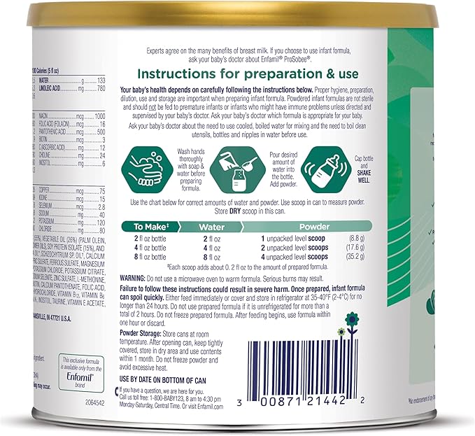 Enfamil Prosobee Plant based Baby Formula, for Sensitive Tummies, Soy-based Plant Sourced Protein, Vitamins for Immune Support, Lactose-free, Milk free, Gluten free, 20.9 Oz Can