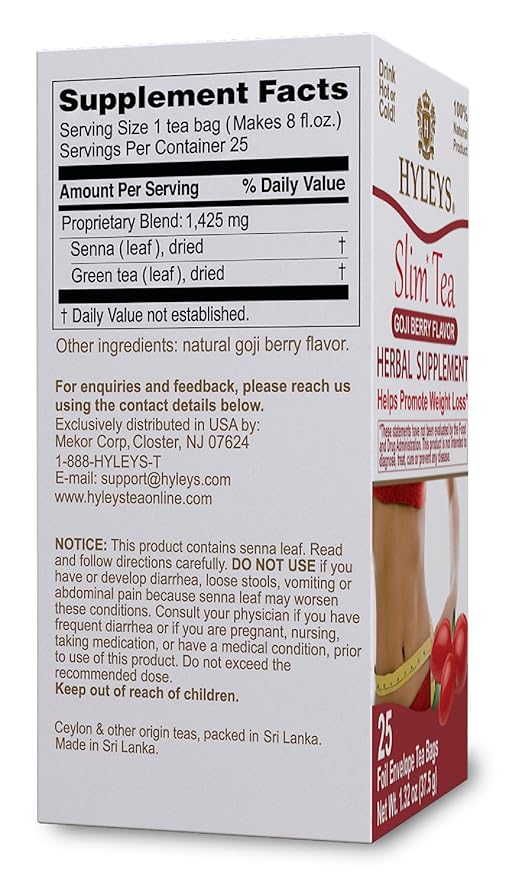 Hyleys Slim Tea Goji Berry Flavor - Weight Loss Herbal Supplement Cleanse and Detox - 25 Tea Bags (6 Pack)