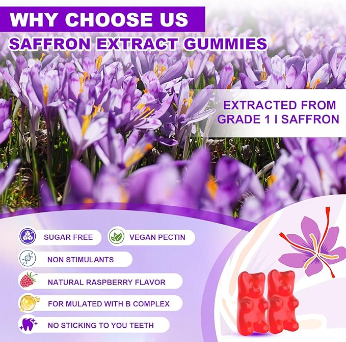 Pack of 2 Saffron Gummies, 10-in-1 Saffron Supplements for Kids & Adults with 88.5mg Saffron Extract, for Emotions, Zzz, Sugar Free, Raspberry Flavor, 120 Count