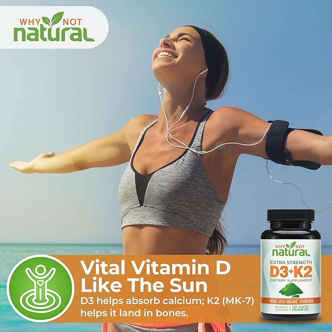 Why Not Natural Vitamin D3 K2 (MK-7) with Organic Spirulina, 10000 IU Extra Strength Supplement in Veggie Capsules, Supports Bone Health, Immune System and Mood