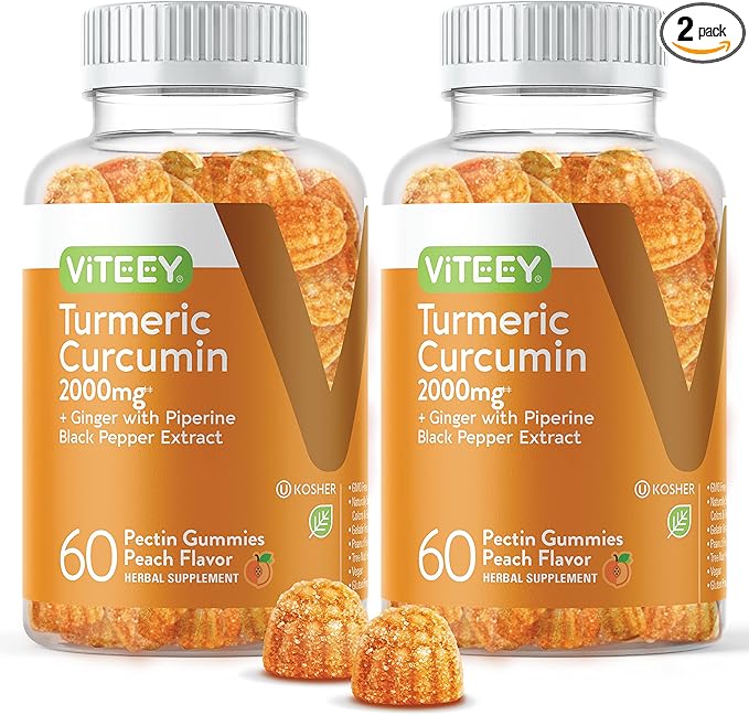Viteey Turmeric Gummies with Turmeric Curcumin, Ginger & Black Pepper Extract - Immune Support, Healthy Skin, and Joint Health - Vegan, Gelatin Free, GMO Free - Tasty Chewable Peach Flavored-120 Count