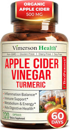 Organic Apple Cider Vinegar with Turmeric Curcumin Supplement & Ginger for Digestive Health, Metabolism, Energy & Joint Support – Organic Turmeric & Apple Cider Vinegar Capsules – 120 Vegan Capsules