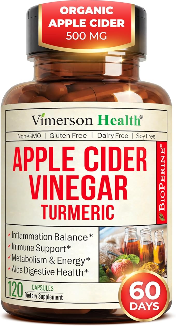 Organic Apple Cider Vinegar with Turmeric Curcumin Supplement & Ginger for Digestive Health, Metabolism, Energy & Joint Support – Organic Turmeric & Apple Cider Vinegar Capsules – 120 Vegan Capsules