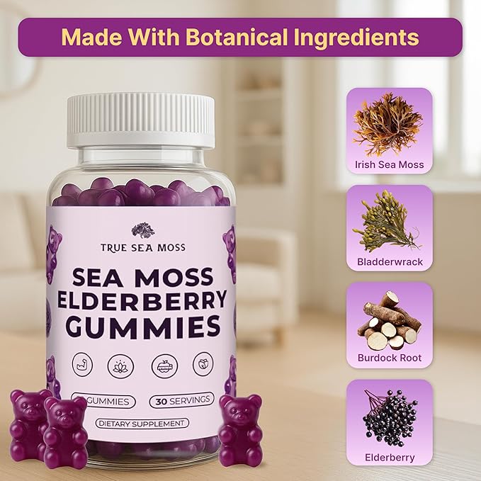 TrueSeaMoss Sea Moss Gummies with Elderberry, Burdock Root & Bladderwrack – for Adults & Kids 4+ – Fruity Flavor – 60 Gummies