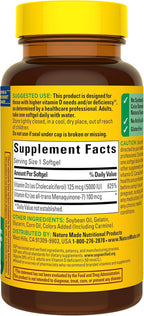 Nature Made Vitamin D3 K2 Supplement, 5000 IU (125 mcg) Vitamin D for Bone, Teeth, Muscle and Immune Support, 30 D3 and K2 Softgels, 30 Day Supply