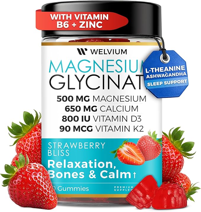 Magnesium Glycinate Gummies with Ashwagandha, L-Theanine - 500mg Magnesium Glycinate, D3, K2, B6, Calcium, Zinc, Potassium Supplement for Muscle, Immune and Bone Support, Chewable Magnesium