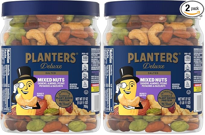 PLANTERS Deluxe Mixed Nuts with Sea Salt,27 oz Resealable Container - Variety Mixed Nuts Snacks with Cashews,Almonds,Pecans,Pistachios & Hazelnuts - Energy Boost - Kosher,(Pack of 2)