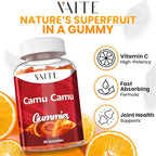 VAITE Camu Camu Vitamin C Gummies for Skin and Hair – Antioxidant-Rich, Vegan, Gluten-Free Supplement for Immune Support, Energy Boost, and Collagen – 60 Chewables for Active Men and Women