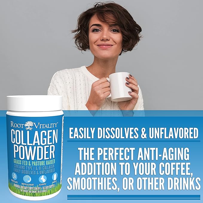 Root Vitality Collagen Peptides Powder - Grass-Fed, Pasture-Raised Hydrolyzed Protein Supplement for Skin, Hair, & Nails - Non-GMO, Zero Sugar Daily Supplement for Men & Women (30 Servings)