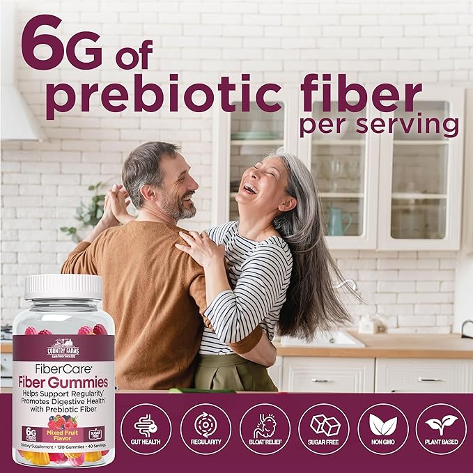 Country Farms Fiber Care Prebiotic Gummies, 6g of Fiber Per Serving, GLP-1 Booster, FOS from Beets, Digestive Health and Bloat, Supports Regularity, Mixed Fruit Flavor, 120 Gummies, 40 Servings