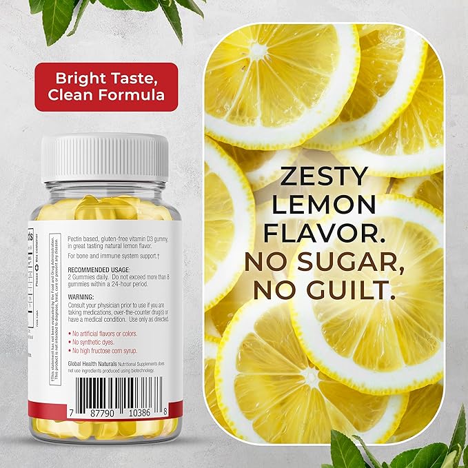 Sugar Free Vitamin D3 Gummies for Adults - Vegan Pectin-Based Gummy Vitamin D - 1,000 IU Natural Lemon Flavor - Gluten Free, Dairy Free, Soy Free Daily D3 Gummies for Women & Men - 60 Count