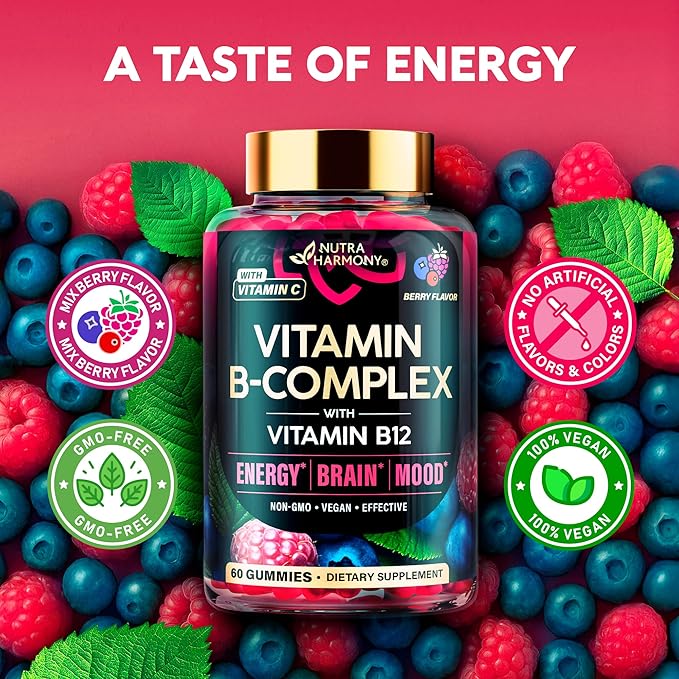 Vitamin B-Complex Gummies for Women & Men - Vitamin B12, B1, B2, B3, B5, B6, B7 & B9 - B Complex with Vitamin C & Choline - Energy, Brain & Mood - Natural Berry Flavor, Vegan - 60 Gummies 2 Pack