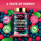 Vitamin B-Complex Gummies for Women & Men - Vitamin B12, B1, B2, B3, B5, B6, B7 & B9 - B Complex with Vitamin C & Choline - Energy, Brain & Mood - Natural Berry Flavor, Vegan - 60 Gummies 2 Pack