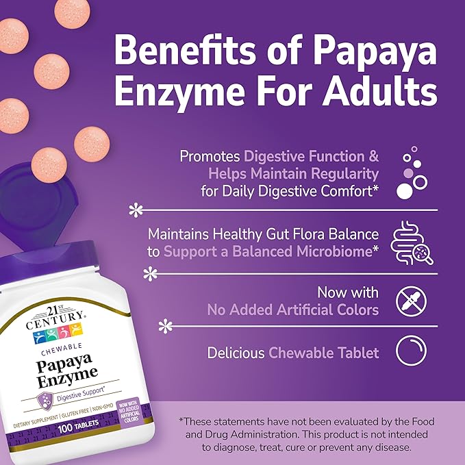 21st Century Papaya Enzyme Chewable (100 Count), Papaya & Pineapple Digestive Enzymes for Gut Health, Tropical Flavor, Non-GMO, Gluten-Free, No Added Salt, Artificial Flavors