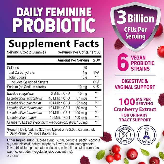 Nature's Nutrition Probiotics for Women Gummies with Cranberry - 6 Premium Strains for PH Balance, Digestive Health, Vaginal & Immune Support, Women's Probiotic Gummy for Feminine Health - 60 Gummies