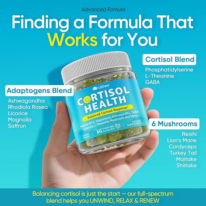 Cortisol Gummies for Women & Men, Sugar Free Cortisol Reducer Supplements w/ Magnesium, Ashwagandha, Mushroom, L-theanine, Rhodiola, Vitamin B6 B12 for Cortisol Detox, Relax, Sleep Support 2 Pack