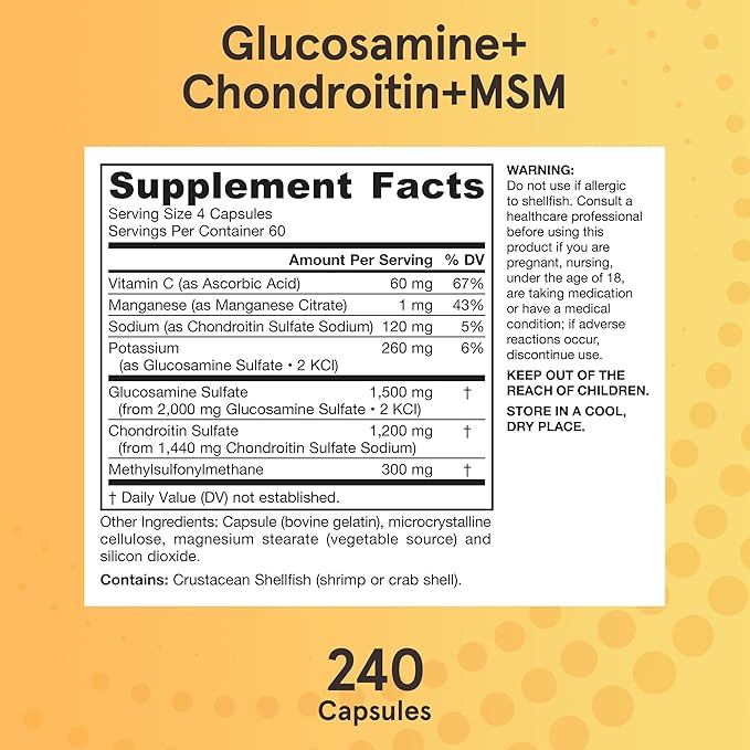 Jarrow Formulas Glucosamine + Chondroitin + MSM Capsules, Joint Support Supplement with Vitamin C and Manganese, 240 Capsules, 60 Day Supply, Pack of 12