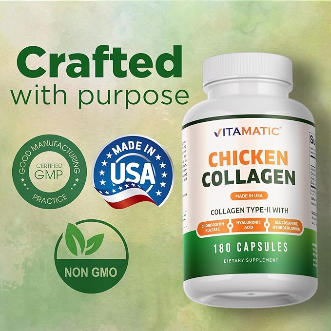Vitamatic Chicken Collagen 3000 mg (Per Serving) with Glucosamine, Chondroitin & Hyaluronic Acid | 180 Capsules | Non-GMO | Gluten Free