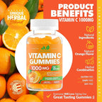 Vitamin C Gummies 1000mg – Chewable Multivitamin for Adults & Kids with Zinc for Immune & Collagen Support – Maximum Strength, Natural Orange Flavor – Gluten Free, Non-GMO, Vegetarian – 60 Gummies