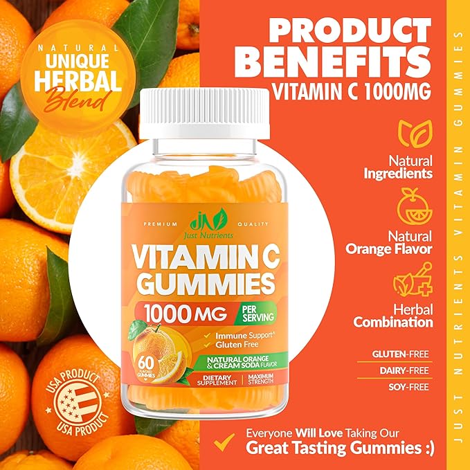 Vitamin C Gummies 1000mg – Chewable Multivitamin for Adults & Kids with Zinc for Immune & Collagen Support – Maximum Strength, Natural Orange Flavor – Gluten Free, Non-GMO, Vegetarian – 60 Gummies