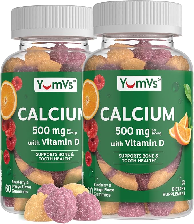 YUM-V'S Calcium 500mg with Vitamin D3 - Raspberry & Orange Flavor Calcium Vitamin D Gummies, Chewable Calcium Supplement for Kids & Adults, Vitamin D Calcium Gummies (60 Count (Pack of 2)