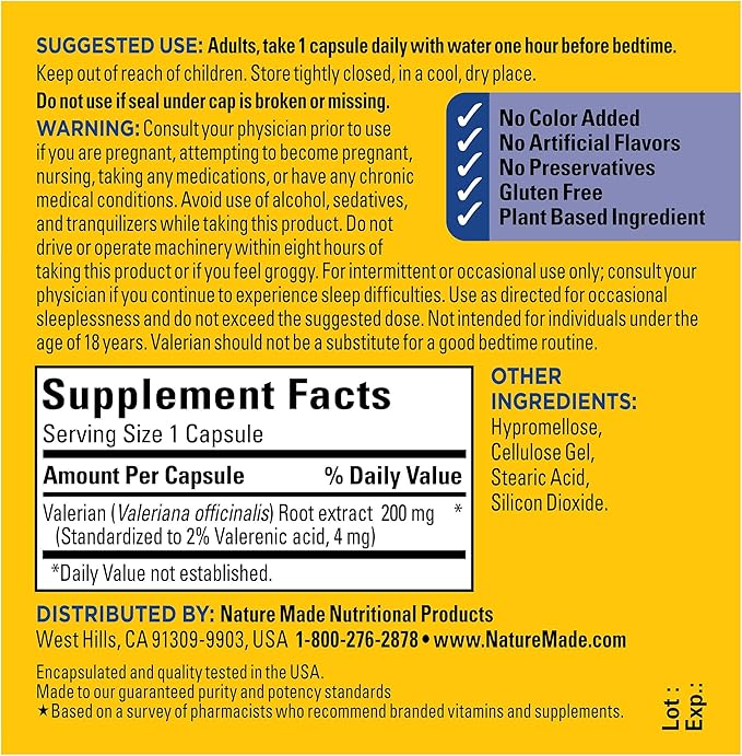 Nature Made Valerian Root for Sleep Support,Melatonin Free Sleep Aid for Adults,30 Valerian Root Capsules,30 Day Supply, (Pack of 2)