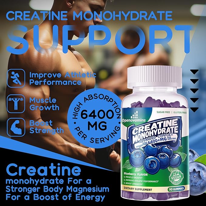 Creatine Monohydrate Gummies Complex for Men & Women -Advanced Formula W/L-Taurine + Vitamin B12, Sugar Free Chewable Supplement,180 Blueberry Gummies 2pack