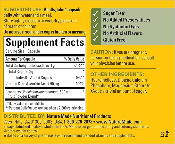 Nature Made Cranberry Supplement 500mg with Vitamin C for Immune & Antioxidant Support, Cranberry Blend for Urinary Tract Health, One Per Day, 60 Capsules