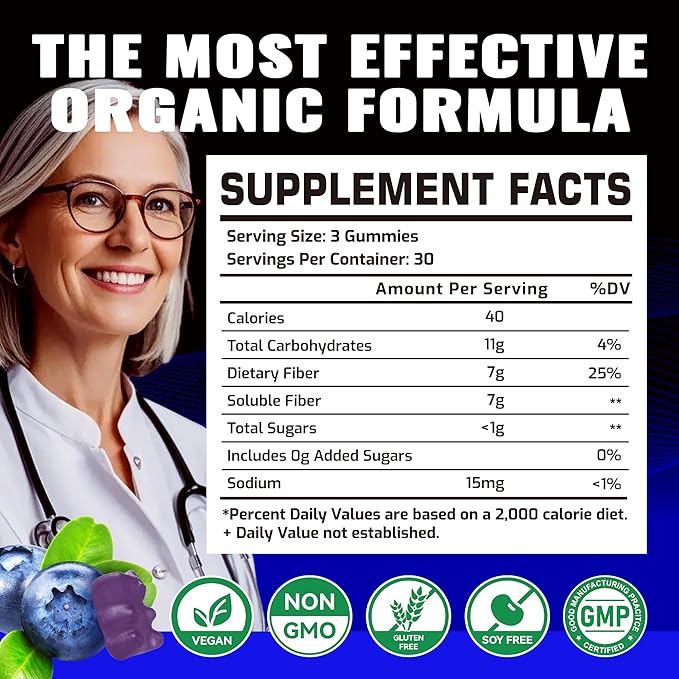 Prebiotic Fiber Gummies for Adults, 7G Extra Strength, Zero Sugar Added, 90 Pectin Based Gummies, Digestive Health & Regularity Support-Blueberry