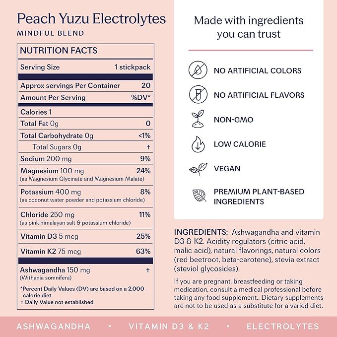 TRIP Electrolytes Powder Packets with Magnesium, Ashwagandha & Vitamin D. Peach Yuzu Daily Hydration Packets, Vegan, Electrolyte Drink Mix, Calming Hydration Powder, 20 Sachets