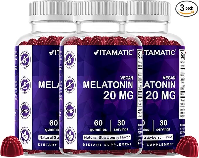 Vitamatic Melatonin 20 mg Gummies for Adults, 30 Servings - 60 Vegetarian Gummies - Non-Habit Forming Supplement