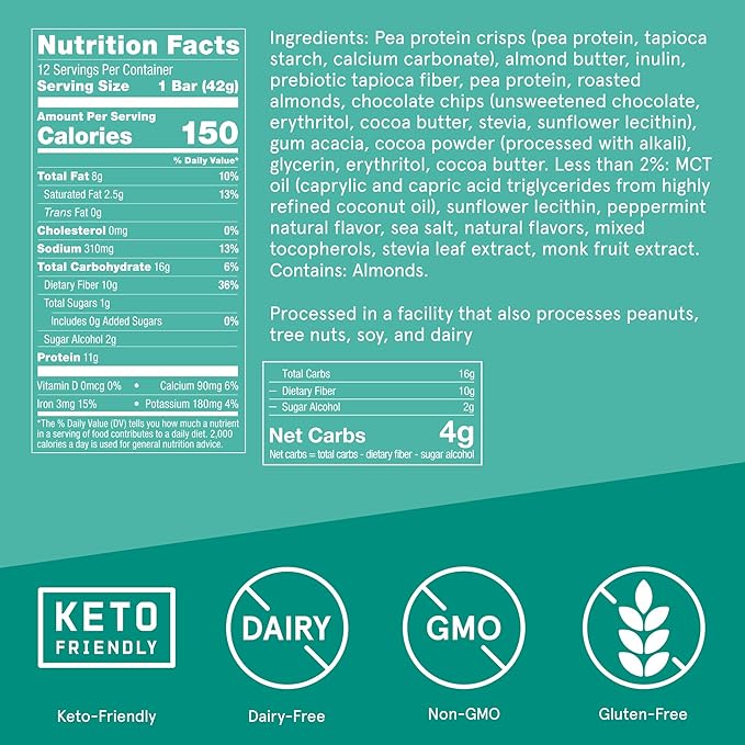 Bulletproof Chocolate Mint Chip Protein Crisp Bars, 12pk, High Protein, Low Sugar