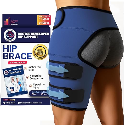 Dr. Arthritis Stabilizing Hip Brace for Men & Women, Thigh Compression Sleeve & Hip Support for Muscle Recovery, Hamstring Brace with Handbook, Sciatica Pain Relief Devices - Left Leg (S/M, Navy)