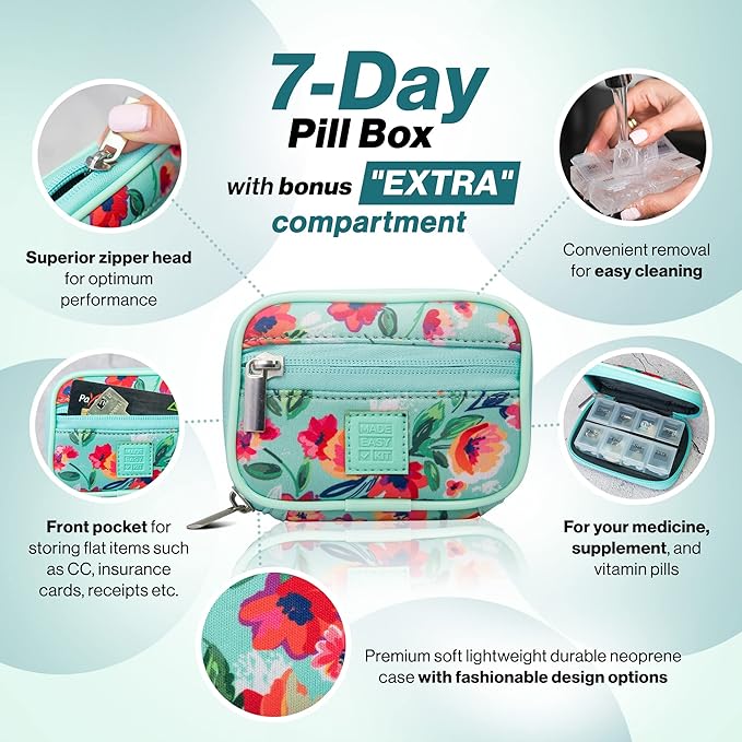 Made Easy Kit Pill Case - Weekly Medicine Organizer with Removable Seven-Day Vitamin & Supplement Box - Premium Neoprene for Travel Purse Accessory (Teal Purple)