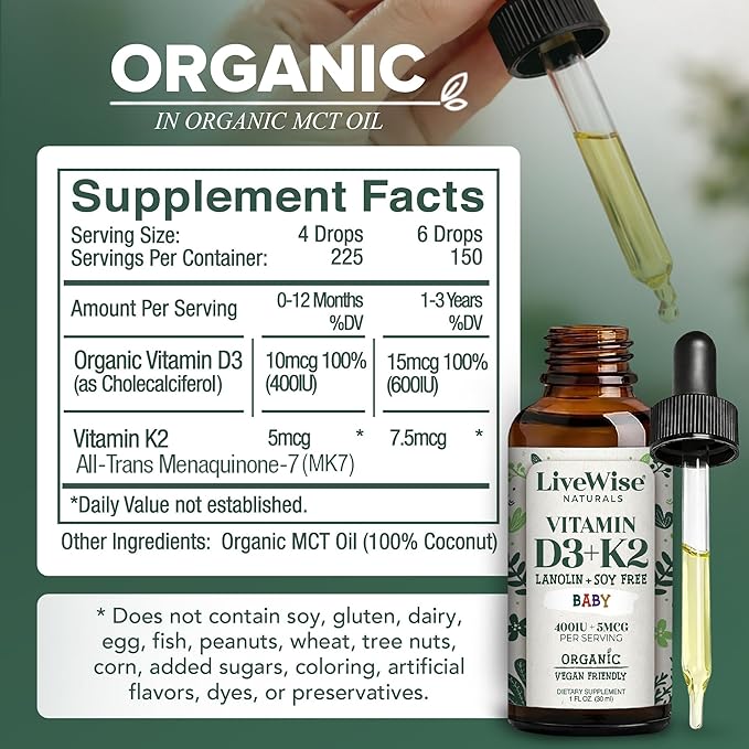 Live Wise Naturals Vitamin D3 K2 Drops for Babies - Concentrated Formulation, 225 Servings at 400 IU, 5 MCG (MK-7), Micro-Dose Dropper, Gentle Daily Supplementation, Early Development & Precise Dosing
