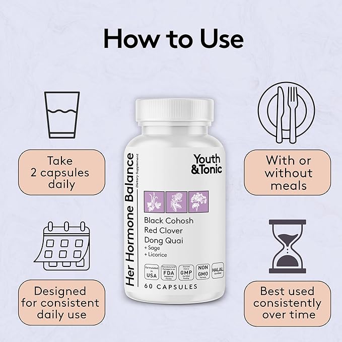 Youth & Tonic Her Hormone Balance – Menopause Supplement for Women, Perimenopause Support, Non-Hormonal Herbal Formula with Black Cohosh for Hot Flashes & Night Sweats, 60 Capsules