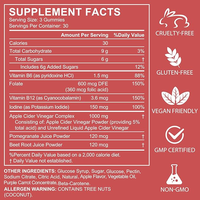 NIFEISHI Apple Cider Vinegar Gummies, (1000mg) Apple Cider Vinegar with Mother, (90Count) ACV Gummies w/Vitamin B6 & B12, Folic Acid, Vegan, Non-GMO, Gluten- & Gelatin-Free